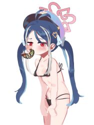 Rule 34 | 1girl, :i, absurdres, alternate costume, antenna hair, bare arms, bikini, black bikini, blue archive, blue hair, body blush, bow, breasts, doughnut, ears visible through hair, food, fubuki (blue archive), grey hair, hair bow, hair ornament, halo, hat, heart, heart hair ornament, highleg, highleg bikini, highres, jitome, leaning forward, lulubelleiii, mouth hold, multicolored hair, navel, parted bangs, police hat, red eyes, shiny skin, sidelocks, simple background, small breasts, solo, sprinkles, streaked hair, swimsuit, twintails, white background, white bow