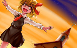 Rule 34 | 1girl, :d, araki (qbthgry), blonde hair, dusk, fang, open mouth, outstretched arms, rumia, scarlet devil mansion, shirt, short hair, skirt, sky, smile, solo, spread arms, star (sky), starry sky, swarm, touhou, twilight, vest