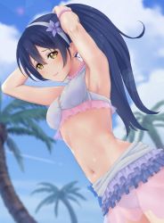 Rule 34 | 1girl, absurdres, adjusting hair, armpits, arms behind head, arms up, bangle, bikini, bikini skirt, blue hair, blush, bracelet, commentary request, cowboy shot, day, dutch angle, flower, frilled bikini, frills, hands in hair, hibiscus, highres, jewelry, kimikagem9 (erementargerad), long hair, looking at viewer, love live!, love live! school idol project, natsuiro egao de 1 2 jump!, navel, outdoors, smile, solo, sonoda umi, swept bangs, swimsuit, tying hair, wet, yellow eyes