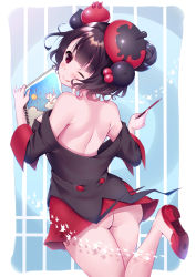 Rule 34 | 1girl, ;p, ass, bare shoulders, black dress, black hair, blush, closed mouth, commentary request, dress, fate/grand order, fate (series), female focus, hair ornament, head tilt, highres, holding, holding pen, katsushika hokusai (fate), katsushika hokusai (third ascension) (fate), ko yu, looking at viewer, looking back, no bra, no panties, one eye closed, pen, red eyes, red footwear, shoe soles, shoes, smile, solo, standing, standing on one leg, tongue, tongue out