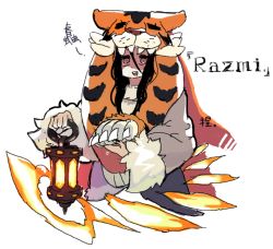 Rule 34 | 1girl, :d, fire, fur trim, hair between eyes, holding, indivisible, lantern, long hair, long sleeves, open mouth, pale skin, pelt, razmi (indivisible), sapysha, simple background, smile, solo, tiger, white background