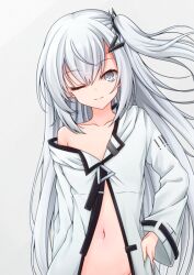 Rule 34 | 1girl, aatsu, allial (coefont), arms at sides, closed mouth, coefont, collarbone, dot nose, flat chest, floating hair, grey background, grey eyes, grey hair, groin, hair between eyes, hair ornament, hairclip, hand on own hip, head tilt, hood, hood down, hooded jacket, jacket, long hair, looking at viewer, navel, no panties, off shoulder, one eye closed, partially unzipped, raised eyebrows, side ponytail, sidelocks, simple background, single bare shoulder, smile, solo, stomach, straight-on, upper body, white jacket