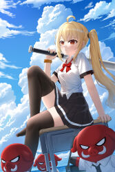 1girl absurdres ahoge alternate_costume baseball_bat black_skirt black_thighhighs blonde_hair blue_sky bow bowtie cloud commentary_request day desk highres holding holding_baseball_bat knee_up long_hair luciana_de_montefio miniskirt no_shoes pleated_skirt red_bow red_bowtie red_eyes school_desk shirt short_sleeves side_ponytail sidelocks sitting skirt sky skym_(kumei) thighhighs very_long_hair white_shirt zenless_zone_zero