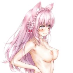 Rule 34 | animal ear fluff, animal ears, armpits, braid, breasts, esan (llamaesan), from side, hair ornament, hakui koyori, hands on own hips, heart, heart-shaped pupils, hololive, medium breasts, medium hair, nipples, nude, perky breasts, pink hair, standing, straight hair, swimsuit, symbol-shaped pupils, virtual youtuber, white background