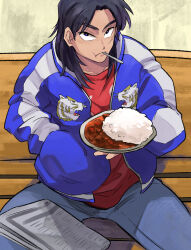 Rule 34 | 1boy, :t, bench, black eyes, black hair, blue jacket, blue pants, closed mouth, commentary request, curry, curry rice, expressionless, facial scar, feet out of frame, food, hand in pocket, highres, holding, holding plate, inudori, itou kaiji, jacket, kaiji, long hair, long sleeves, looking at viewer, male focus, medium bangs, newspaper, open clothes, open jacket, pants, parted bangs, plate, red shirt, rice, scar, scar on cheek, scar on face, shirt, solo, utensil in mouth
