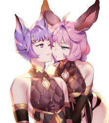 Rule 34 | 1boy, 1girl, ahoge, aki663, animal ears, armlet, blue eyes, braid, brother and sister, cheek-to-cheek, cleavage cutout, clothing cutout, elbow gloves, tien (granblue fantasy), eyelashes, french braid, gloves, granblue fantasy, hair intakes, hair ornament, heads together, leaning forward, leaning on person, leotard, long braid, long hair, one eye closed, parted lips, pink eyes, feower (granblue fantasy), quilted armor, siblings, simple background, studded, tsurime, twin braids, very long hair, white background