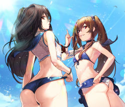 Rule 34 | 2girls, armpits, ass, bare shoulders, bikini, bikini pull, bikini skirt, black bow, blue bikini, blue sky, blush, bow, breasts, brown hair, character name, cleavage, clothes pull, collarbone, cowboy shot, crop top, crossed bangs, dated, day, from behind, from below, front-tie top, girls&#039; frontline, hair ornament, hairclip, hand on own hip, highres, light brown hair, lips, long hair, looking at viewer, midriff, momera, multiple girls, one side up, outdoors, parted lips, red eyes, sailor bikini, sailor collar, scar, scar across eye, scar on face, see-through, shirt, siblings, sisters, sky, small breasts, standing, stomach, swimsuit, thighs, twins, twintails, ump45 (girls&#039; frontline), ump9 (girls&#039; frontline), wet, wet clothes, wet hair, wet shirt, white bikini