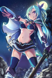 Rule 34 | 1girl, :q, bad id, bad pixiv id, bikini, bikini top only, breasts, cape, full moon, gloves, green hair, highres, long hair, loup, moon, navel, night, original, outstretched arm, purple eyes, skirt, solo, star (sky), swimsuit, sword, thighhighs, tongue, tongue out, weapon