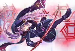 Rule 34 | 1girl, absurdres, belt, black gloves, black scarf, buttons, double-breasted, duel monster, falling, full body, gloves, grey hair, hat, hat tip, highres, holding, holding sword, holding weapon, jeffrey10, long hair, pantyhose, planted, planted sword, planted weapon, red eyes, scar, scarf, shoes, simple background, sky striker ace - roze, smile, solo, sword, twintails, weapon, yu-gi-oh!