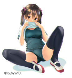 Rule 34 | 1girl, black sailor collar, black thighhighs, blush, bow, breasts, brown hair, cameltoe, clothes lift, commentary request, covered mouth, covered navel, full body, grey eyes, hair between eyes, hair bow, koutaro, lifting own clothes, looking at viewer, medium breasts, nose blush, old school swimsuit, one-piece swimsuit, original, pink bow, sailor collar, school swimsuit, school uniform, serafuku, shadow, shirt lift, shoes, short sleeves, simple background, solo, spread legs, swimsuit, swimsuit under clothes, thighhighs, twintails, twitter username, uwabaki, white background, white footwear
