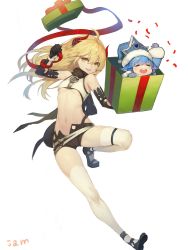 Rule 34 | arm up, bad id, bad twitter id, belt, black footwear, black legwear, black scarf, blonde hair, blue gloves, blush, box, closed eyes, confetti, elbow gloves, fur trim, gift, gift box, gloves, hair between eyes, hat, highres, holding, holding box, holding gift, horns, jam (nandade), league of legends, lulu (league of legends), medium hair, navel, open mouth, parted lips, pink lips, scarf, short shorts, shorts, simple background, smile, thighhighs, white background, white legwear, winter clothes, yellow eyes
