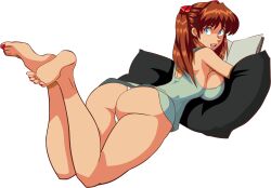 Rule 34 | 1girl, alcione makoto, all fours, ass, ass focus, bare legs, blue eyes, brown hair, cameltoe, dress, foreshortening, highres, huge ass, long hair, looking at viewer, looking back, micro panties, neon genesis evangelion, panties, shirt, short dress, skindentation, smile, solo, source request, souryuu asuka langley, sundress, thong, toes, transparent background, underwear, white panties, wide hips