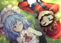 Rule 34 | 1boy, 1girl, ;), ascot, bat wings, blue eyes, blue hair, blue overalls, brown hair, commentary, english commentary, facial hair, gloves, highres, looking at another, lying, mario, mario (series), mustache, nintendo, on back, one eye closed, outdoors, overalls, pointy ears, red ascot, red eyes, red hair, remilia scarlet, ruu (ruigi12), shirt, short hair, smile, touhou, white gloves, white headwear, white shirt, wings