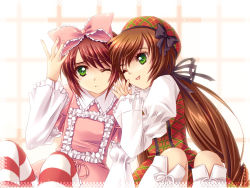 Rule 34 | 00s, 2girls, alternate costume, bad id, bad pixiv id, bow, brown hair, frills, green eyes, hair bow, hair ribbon, hat, heterochromia, lilith (lilithchan), multiple girls, one eye closed, ribbon, rozen maiden, siblings, sisters, souseiseki, straightchromia, striped, suiseiseki, thighhighs, twins, wallpaper, wink