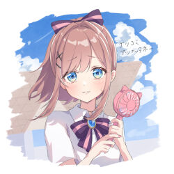 Rule 34 | 1girl, :3, alternate costume, alternate hairstyle, aqua nails, blue eyes, blue sky, blush, bow, bowtie, brooch, brown hair, closed mouth, cloud, cloudy sky, collared shirt, day, dot nose, eyelashes, floating hair, framed, hair bow, hair intakes, hair ornament, hand fan, handheld electric fan, hands up, highres, holding, holding fan, hot, house, jewelry, lips, long hair, medium hair, nail polish, nijisanji, pink nails, raised eyebrows, regimiruku, shirt, short sleeves, sidelocks, simple background, sky, smile, solo, striped, striped bow, suzuhara lulu, sweat, sweatdrop, swept bangs, translation request, unworn cardigan, upper body, virtual youtuber, white background, white shirt, wind, x hair ornament