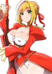 Rule 34 | 10s, 1girl, ahoge, blonde hair, blush, braid, breasts, center opening, clearite, cleavage, closed mouth, covered erect nipples, cowboy shot, epaulettes, fate/extra, fate (series), french braid, green eyes, hair bun, hair intakes, hair ribbon, juliet sleeves, large breasts, leotard, long sleeves, looking at viewer, nero claudius (fate), nero claudius (fate) (all), nero claudius (fate/extra), puffy sleeves, red ribbon, ribbon, short hair with long locks, sidelocks, simple background, single hair bun, smile, solo, sword, weapon, white background, white leotard