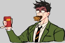 Rule 34 | 1boy, bad id, bad twitter id, black hair, blazer, food, food in mouth, glasses, henry the green engine, jacket, kendy (revolocities), male focus, necktie, opaque glasses, pinky out, pocky, pocky day, school uniform, shaded face, short hair, solo, thomas the tank engine, upper body