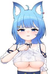 Rule 34 | 1girl, ahoge, animal ear fluff, animal ear piercing, animal ears, black ribbon, blue eyes, blue hair, blush, breasts, clothes lift, clothing cutout, commentary request, dog ears, dog girl, earrings, frilled shirt, frills, jewelry, k (ve do 9k), large breasts, lifting own clothes, looking at viewer, medium bangs, medium hair, nanashi inc., neck ribbon, official alternate costume, open mouth, ribbon, shirt, shirt lift, short sleeves, shoulder cutout, simple background, single earring, smile, solo, souya ichika, souya ichika (5th costume), underboob, upper body, virtual youtuber, watch, white background, white shirt, wristwatch