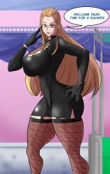 Rule 34 | 1girl, absurdres, ass, black gloves, blonde hair, bodysuit, breasts, covered erect nipples, curvy, english text, female focus, fishnet thighhighs, fishnets, glasses, gloves, hand on own hip, hand on own cheek, hand on own face, hand on own hip, highres, huge ass, huge breasts, kalifa (one piece), lips, long hair, looking at viewer, one piece, purple eyes, solo, source request, tagme, talking, teasing, thick thighs, thigh gap, thighhighs, thighs, uniform, very long hair