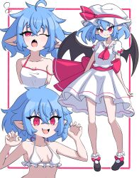 Rule 34 | 1girl, ;o, absurdres, ahoge, ascot, bat wings, bikini, blue hair, breasts, cleavage, commentary, fang, hat, hat ribbon, highres, looking at viewer, mob cap, multiple views, one eye closed, open mouth, pointy ears, red ascot, red eyes, red ribbon, remilia scarlet, ribbon, shirt, short eyebrows, short hair, short sleeves, skirt, small breasts, smile, smug suriipi, swimsuit, touhou, white bikini, white headwear, white shirt, white skirt, wings
