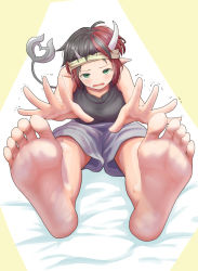 Rule 34 | 1girl, nanashi inc., barefoot, black hair, black sports bra, blush, breasts, brown headband, commentary request, demon girl, fang, feet, foot focus, foreshortening, full body, green eyes, grey shorts, headband, horns, large breasts, looking at viewer, multicolored hair, open mouth, pointy ears, red hair, ryugasaki rene, short hair, shorts, soles, solo, sone (cortisone), sports bra, stretching, sugar lyric, trembling, two-tone hair, virtual youtuber