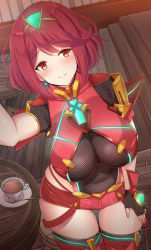 Rule 34 | 1girl, armor, blush, breasts, chair, covered navel, cup, fingerless gloves, gem, gloves, glowing, hair ornament, headpiece, indoors, jewelry, large breasts, nintendo, noeomi, pyra (xenoblade), red eyes, red hair, red shorts, short shorts, shorts, shoulder armor, skindentation, smile, solo, spoon, swept bangs, table, tea, thighhighs, tiara, xenoblade chronicles (series), xenoblade chronicles 2