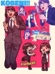 Rule 34 | 1girl, apron, black bow, black bowtie, black coat, black dress, black footwear, black hair, black necktie, black pants, bow, bowtie, burger, business suit, car, chainsaw man, character name, character sheet, chibi, clenched hand, coat, commentary, dress, drgryu750, eating, employee uniform, english text, fast food uniform, food, formal, hair ornament, hairclip, happy, higashiyama kobeni, highres, holding, holding knife, holding weapon, ice cream, ice cream cone, kneeling, knife, licking, long sleeves, mole, mole under eye, motor vehicle, necktie, on ground, open mouth, pants, scared, short hair, solo, standing, suit, surprised, teeth, tongue, tongue out, uniform, v, weapon