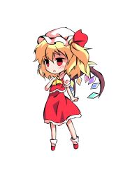 Rule 34 | 1girl, ascot, black eyes, blonde hair, blush, chibi, clip studio paint (medium), collared dress, crystal, dairi, dress, flandre scarlet, frills, full body, hair between eyes, hair ribbon, hand up, hat, jewelry, looking to the side, mob cap, multicolored wings, one side up, open mouth, puffy short sleeves, puffy sleeves, red dress, red eyes, red footwear, red ribbon, ribbon, shirt, shoes, short hair, short sleeves, simple background, socks, solo, standing, tachi-e, touhou, transparent background, white background, white hat, white shirt, white socks, wings, yellow ascot