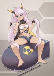 Rule 34 | 1girl, ahoge, azur lane, bandeau, black gloves, blue eyes, blush, bomb, breasts, closed mouth, commentary request, dark-skinned female, dark skin, explosive, expressionless, eyes visible through hair, facepaint, fat man (nuclear bomb), full body, gloves, grey shorts, hair between eyes, hand in own hair, hazard symbol, heart, heart ahoge, heterochromia, highres, horns, indianapolis (azur lane), long hair, looking at viewer, mechanical horns, medium breasts, micro shorts, navel, no shoes, nuclear weapon, open fly, pink hair, radiation symbol, shorts, sitting, solo, the hermit, twintails, underboob, very long hair, weapon of mass destruction, white bandeau, yellow eyes