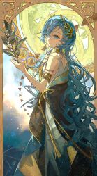 Rule 34 | 1girl, 37 (reverse:1999), ancient greek clothes, armlet, blue eyes, blue hair, blue robe, border, branch, closed mouth, curly hair, fzi (nullx), greco-roman clothes, hand up, highres, holding, holding branch, jewelry, laurel crown, long hair, looking at viewer, looking back, neck ring, ornate border, reverse:1999, robe, smile, solo, triangle, very long hair