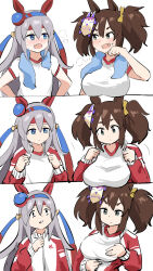 Rule 34 | 2girls, 3koma, animal ears, blue eyes, blue hairband, breasts, brown hair, comic, commentary request, fang, flat chest, green eyes, grey hair, gym uniform, hairband, highres, horse ears, horse girl, inari one (umamusume), jacket, large breasts, long hair, looking at another, mask, mask on head, multiple girls, open mouth, red hairband, red jacket, shirt, silent comic, simple background, tamamo cross (umamusume), tenten (chan4545), towel, towel around neck, twintails, umamusume, upper body, white background, white shirt