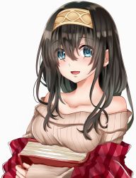 Rule 34 | 10s, 1girl, bad id, bad pixiv id, bare shoulders, black hair, blue eyes, blush, book, breasts, collarbone, commentary request, cowboy shot, eyes visible through hair, hair between eyes, hairband, hamu (plot sy), highres, holding, holding book, idolmaster, idolmaster cinderella girls, jewelry, long hair, long sleeves, looking at viewer, medium breasts, off-shoulder, off-shoulder sweater, off shoulder, open mouth, ribbed sweater, sagisawa fumika, shawl, smile, solo, sweater, upper body