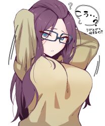 Rule 34 | 1girl, ?, arms behind head, arms up, bangs pinned back, blue-framed eyewear, blue eyes, breasts, commentary request, glasses, kagamihara sakura, large breasts, long hair, long sleeves, looking at viewer, purple hair, shiawase hougan, simple background, solo, speech bubble, sweater, translation request, upper body, white background, yellow sweater, yurucamp