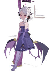 Rule 34 | 1girl, black horns, blue archive, blush, breasts, closed mouth, demon horns, demon wings, dress, elbow gloves, gloves, grey hair, gz (gzdteee), high heels, highres, hina (blue archive), hina (dress) (blue archive), holding, holding clothes, holding footwear, horns, long hair, official alternate costume, pantyhose, purple dress, purple eyes, purple footwear, purple gloves, purple pantyhose, small breasts, smile, solo, strapless, strapless dress, wings