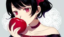 Rule 34 | 1girl, achiki, apple, bare shoulders, black hair, blush, choker, close-up, commentary request, covering own mouth, earrings, food, fruit, holding, jewelry, looking at viewer, original, red apple, red eyes, short hair, simple background, single earring, snow white, solo