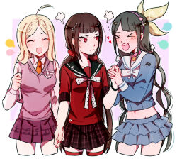 &gt;_&lt; 3girls :d ahoge akamatsu_kaede bell black_hair black_sailor_collar black_skirt blonde_hair blue_serafuku blue_skirt blunt_bangs blush bow bowtie brown_hair chabashira_tenko closed_eyes closed_mouth collared_shirt commentary commission danganronpa_(series) danganronpa_v3:_killing_harmony english_commentary eyelashes fortissimo green_bow hair_bow hair_ornament hairband harukawa_maki heart holding_hands huyandere long_hair long_sleeves looking_at_another midriff mole mole_under_eye mole_under_mouth multiple_girls musical_note musical_note_hair_ornament musical_note_print navel neck_bell necktie open_mouth orange_necktie pink_sweater_vest plaid_clothes plaid_skirt polka_dot polka_dot_ribbon purple_hairband purple_skirt red_eyes red_shirt red_thighhighs ribbon sailor_collar school_uniform serafuku shirt short_sleeves skirt smile standing steam sweatdrop sweater_vest teeth thighhighs twintails upper_teeth_only very_long_hair white_bow white_bowtie white_ribbon white_sailor_collar white_shirt