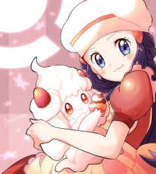 Rule 34 | 1girl, alcremie, alcremie (strawberry sweet), apron, blue eyes, blush, character name, closed mouth, commentary request, creatures (company), cupcake, dawn (palentine&#039;s 2021) (pokemon), dawn (pokemon), dress, eyelashes, food, game freak, gen 8 pokemon, hair ornament, hairclip, hat, highres, holding, holding pokemon, long hair, looking at viewer, nintendo, official alternate costume, okoge (simokaji), pokemon, pokemon (creature), pokemon masters ex, red dress, short sleeves, signature, smile, star (symbol)