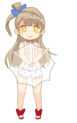 Rule 34 | 1girl, bad id, bad twitter id, blush stickers, bow, brown hair, chibi, closed mouth, full body, hair bow, hair ornament, long hair, love live!, love live! school idol project, minami kotori, mota, one side up, simple background, smile, solo, striped, toeless footwear, umbrella, white background