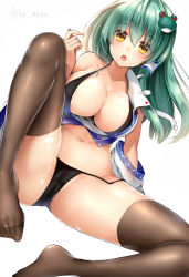 Rule 34 | 1girl, bad id, bad nicoseiga id, bare shoulders, bikini, bikini under clothes, black bikini, black thighhighs, blush, breasts, breasts out, cleavage, collarbone, feet, female focus, frog, frog hair ornament, green hair, hair ornament, highres, kochiya sanae, lace, lace legwear, large breasts, looking at viewer, navel, off shoulder, open clothes, open mouth, open shirt, shirt, simple background, sitting, snake hair ornament, solo, spread legs, swimsuit, swimsuit under clothes, thighhighs, thighs, touhou, tsukiriran, white background, yellow eyes