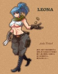 Rule 34 | 1girl, blue eyes, blue hair, boots, breasts, cosplay, dungeons &amp; dragons, highres, japanese text, knife, large breasts, legs, leona heidern, midriff, money, navel, pants, ponytail, sarashi, snk, solo, the king of fighters, thighs, toned, translation request, underboob