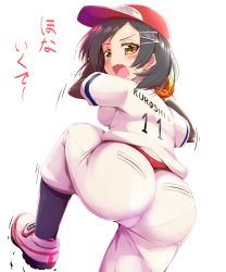 Rule 34 | 1girl, ass, baseball cap, baseball uniform, black hair, blush, breasts, commentary request, hair ornament, hairclip, hat, highres, kantai collection, kurokoshou (emuburemu123), kuroshio (kancolle), looking at viewer, name tag, open mouth, pantylines, red hat, short hair, small breasts, solo, sportswear, uniform