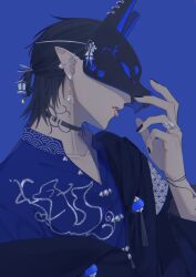 Rule 34 | 1boy, absurdres, black choker, black hair, black jacket, black nails, blue background, blue shirt, blue theme, choker, collarbone, collared shirt, ear piercing, earrings, facing away, fox mask, from side, hair behind ear, half mask, half updo, hand up, highres, jacket, jewelry, lantern, long sleeves, male focus, mask, medium hair, nail polish, off shoulder, original, partially unbuttoned, piercing, pointy ears, ring, shirt, solo, tongue, tongue out, torii earrings, tsuki mitsu, upper body