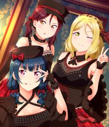 Rule 34 | 3girls, :3, absurdres, black headwear, black shirt, blonde hair, blue hair, blunt bangs, blush, bow, breasts, choker, cleavage, corset, detached collar, earrings, elbow gloves, frills, gloves, guilty kiss (love live!), hair between eyes, hair bow, hair ribbon, hat, highres, jewelry, light blush, looking at viewer, love live!, love live! sunshine!!, low twintails, medium breasts, medium hair, multiple girls, ohara mari, one eye closed, open mouth, orange eyes, pink eyes, plaid, red bow, red hair, red ribbon, red skirt, ribbon, sakurauchi riko, shirt, side ponytail, skirt, tongue, tongue out, tsumikiy, tsushima yoshiko, twintails, upper body, v, v-shaped eyebrows, yellow eyes