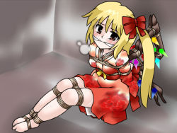 Rule 34 | 1girl, arms behind back, barefoot, bdsm, blonde hair, blush, bondage, bound, bound ankles, bound legs, box tie, cleave gag, cloth gag, female focus, flandre scarlet, gag, gagged, improvised gag, japanese clothes, lilish, ponytail, red eyes, rope, shibari, short hair, side ponytail, solo, sweat, tears, touhou, wings