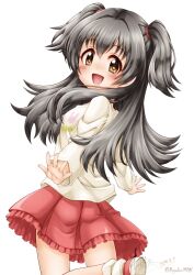 Rule 34 | 1girl, akagi miria, alternate hair length, alternate hairstyle, black hair, blush, breasts, brown eyes, commentary request, dated, dot nose, frilled skirt, frills, hair between eyes, highres, idolmaster, idolmaster cinderella girls, leg up, long hair, long sleeves, looking at viewer, open mouth, print shirt, red footwear, red skirt, regular mow, shirt, shoes, sidelocks, signature, skirt, small breasts, smile, sneakers, socks, solo, thighs, twintails, twitter username, white background, white shirt, white socks