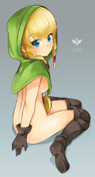 Rule 34 | 1girl, blonde hair, blue eyes, boots, braid, breasts, gloves, hood, hyrule warriors, linkle, long hair, looking at viewer, naik, nintendo, nude, pointy ears, sitting, solo, the legend of zelda, thigh boots, thighhighs, twin braids