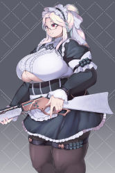 Rule 34 | 1girl, absurdres, black skirt, blonde hair, bow, breasts, buckle, character request, cleavage, cleavage cutout, clothing cutout, constantia s2, constantia s2 (cosplay), cosplay, feet out of frame, frilled skirt, frills, glasses, gun, hair bow, highres, holding, holding weapon, huge breasts, last origin, lever action, long hair, long sleeves, maid, maid headdress, pantyhose, parted lips, plump, prototype labiata, rectangular eyewear, red eyes, semi-rimless eyewear, sidelocks, skindentation, skirt, sleeve garter, smile, solo, standing, tagme, tajyador, thick thighs, thigh strap, thighs, under-rim eyewear, underboob, underboob cutout, weapon