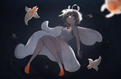 Rule 34 | 1girl, absurdres, closed mouth, dress, expressionless, full body, highres, looking up, monster girl, ocean, orange eyes, original, personification, pikuson, sea angel, sleeveless, submerged, tentacle hair, see-through body, underwater, white dress, white hair, wings
