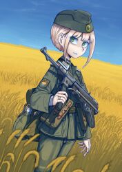 Rule 34 | 1girl, ammunition pouch, arm at side, backpack, bag, belt, belt pouch, blonde hair, blue skirt, canteen, clear sky, commentary, dutch angle, english commentary, erica (naze1940), garrison cap, green bag, green belt, green eyes, green hat, green jacket, green pants, gun, gun sling, hat, highres, holding, holding gun, holding weapon, jacket, jewelry, light smile, looking at viewer, looking to the side, military, military jacket, military uniform, mp40, nose, original, pants, parted lips, patch, pouch, ring, shaded face, short hair, short hair with long locks, shoulder patch, sidelocks, skirt, sky, smile, standing, submachine gun, translated, ukraine, uniform, upturned eyes, very short hair, weapon, wheat, wheat field, world war ii