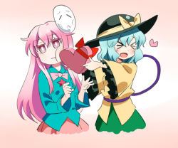 Rule 34 | &gt; &lt;, :d, abe ranzu, averting eyes, bow, bowtie, closed eyes, expressionless, gradient background, green hair, hat, hata no kokoro, heart, komeiji koishi, long hair, looking to the side, mask, open mouth, pink eyes, pink hair, short hair, smile, star (symbol), touhou, valentine, xd